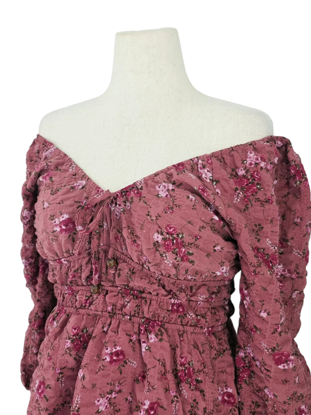 Mary & Mo Floral Off Shoulder Smocked Mini Dress Mauve Pink Boho Medium